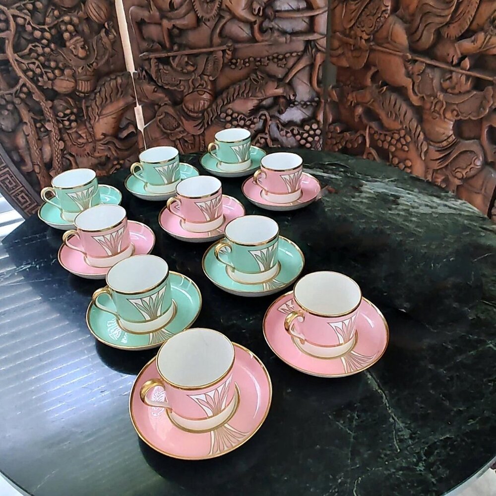 1941 Copeland Spode Custom Made Porcelain Demi-Tasse Pink Green Tea Set - Picture 5 of 16
